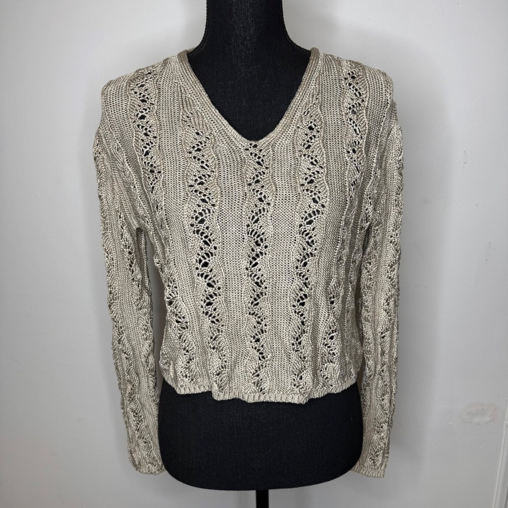 Emanuel Ungaro Petite Gold Metallic Open Knit V-Neck Sweater Large L Petite